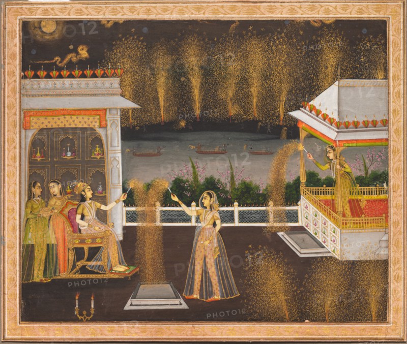 Ladies Celebrating Diwali, c. 1760. Northern India, Uttar Pradesh, Lucknow, 18th century. Opaque watercolor and gold on paper; image: 20.5 x 24.7 cm (8 1/16 x 9 3/4 in.).