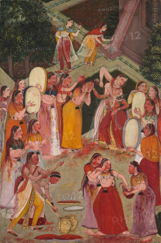 Girls Spraying Each Other at Holi, c. 1640-1650. Northwestern India, Rajasthan, Bikaner, 17th century. Opaque watercolor, gold and ink on paper; overall: 19 x 12.5 cm (7 1/2 x 4 15/16 in.).