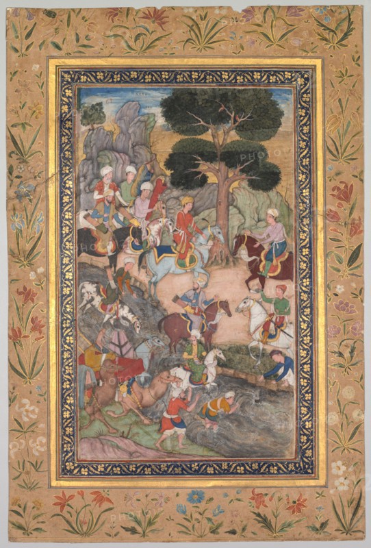 Babur meeting with Sultan Ali Mirza at the Kohik River, from a Babur-nama (Memoirs of Babur), c. 1590. India, Mughal school, 16th century. Opaque watercolor and gold on paper; image: 28 x 16.5 cm (11 x 6 1/2 in.); overall: 41 x 27.1 cm (16 1/8 x 10 11/16 in.).