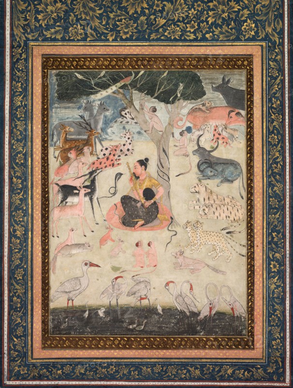 The Attractions of Music, c. 1680. Central India, 17th century. Ink and color on paper; image: 21.6 x 16 cm (8 1/2 x 6 5/16 in.); sheet with border: 32 x 24 cm (12 5/8 x 9 7/16 in.).