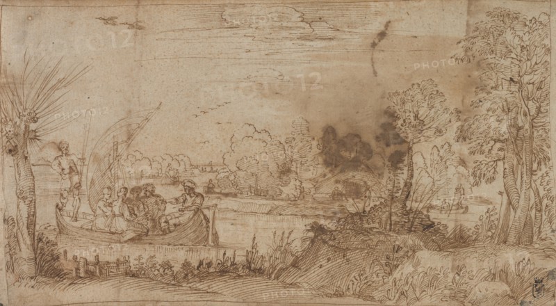 River Landscape with Boats, c. 1590. Annibale Carracci (Italian, c. 1560-1609). Pen and brown ink; sheet: 22.3 x 40.5 cm (8 3/4 x 15 15/16 in.); image: 22.3 x 39.9 cm (8 3/4 x 15 11/16 in.).