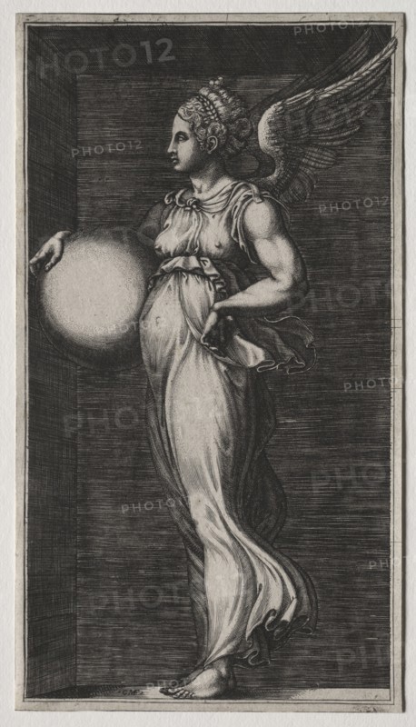 Allegorical Figure Holding a Sphere, mid 1560s. Giorgio Ghisi (Italian, 1520-1582), possibly after Giulio Romano (Italian, 1492/99-1546). Engraving; sheet: 24 x 13.4 cm (9 7/16 x 5 1/4 in.)