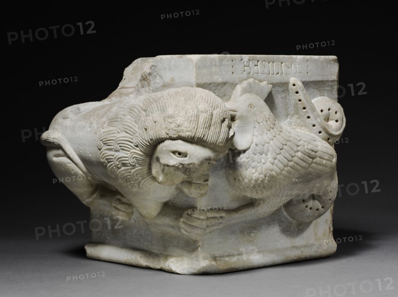 Engaged Capital with a Lion and a Basilisk, 1175-1200. Northern Italy, Emilia (Bologna?), 12th century. Marble; overall: 30.2 x 33 x 29.3 cm (11 7/8 x 13 x 11 9/16 in.).
