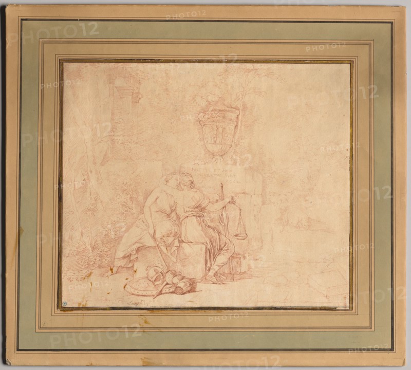The Kiss of Peace and Justice, after 1654. Gerard de Lairesse (Flemish, 1641-1711), after Laurent de La Hyre (French, 1606-1656). Red chalk; double framing lines in black ink over graphite; sheet: 37.7 x 44.2 cm (14 13/16 x 17 3/8 in.).