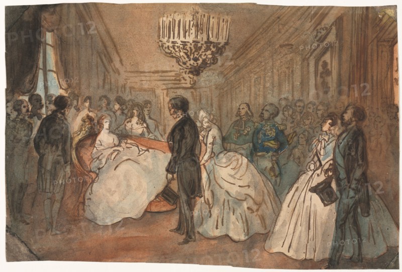 The Empress Eugenie Receiving the Diplomatic Corps after the Birth of the Imperial Prince, 1800s. Constantin Guys (French, 1805-1892). Pen and brown ink and brush and brown, blue, pink and yellow wash; sheet: 22.2 x 33.1 cm (8 3/4 x 13 1/16 in.).