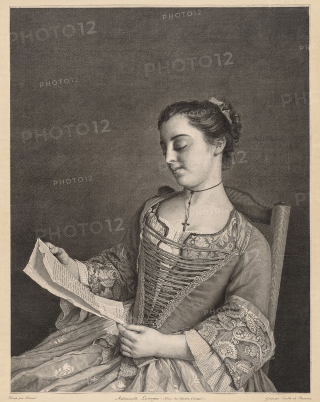 Mademoiselle Lavergne Reading. Jean Daulle (French, 1703-1763). Engraving