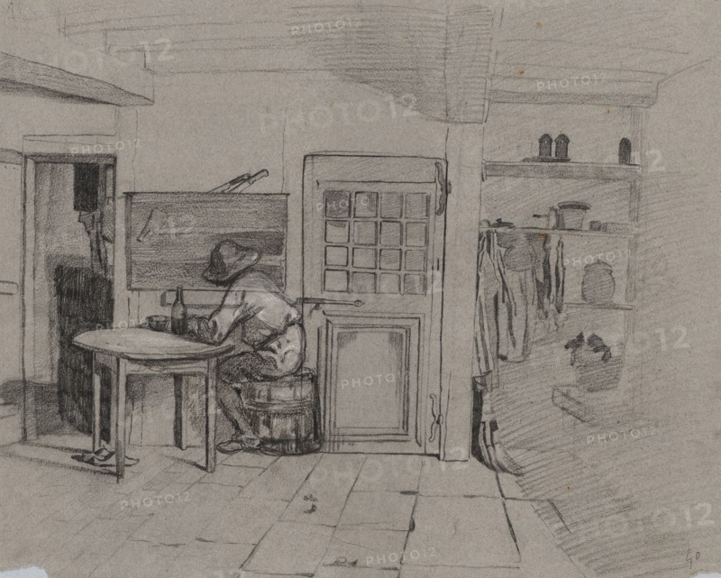 A Farmhouse Interior with a Boy at a Table, c. 1846. Alexandre-Gabriel Decamps (French, 1803-1860). Black chalk heightened with white chalk; sheet: 43.3 x 53.3 cm (17 1/16 x 21 in.); secondary support: 49.3 x 59.6 cm (19 7/16 x 23 7/16 in.).