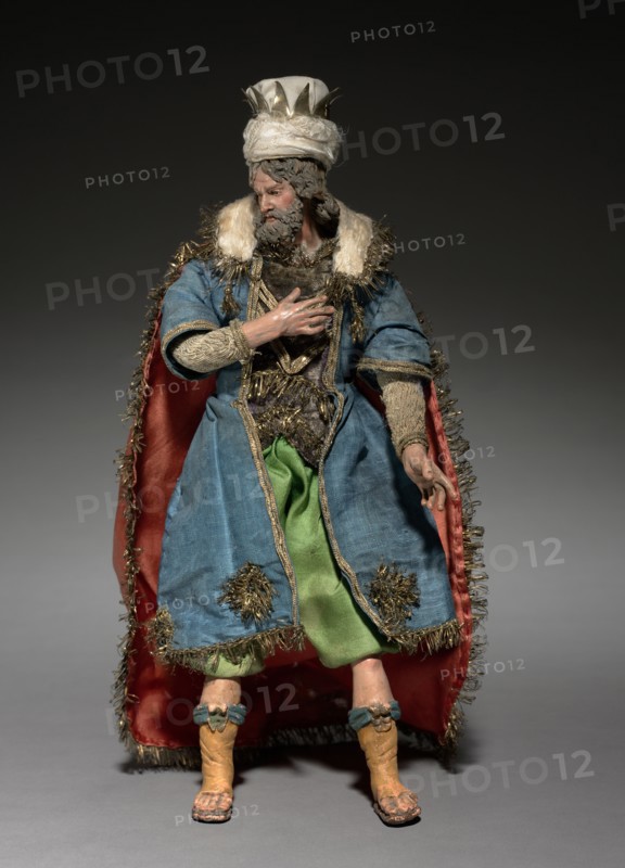 Figure from a Crèche: Magus, 1780-1830. Italy, Naples, late 18th-early 19th century. Painted wood and terracotta with various textiles; overall: 28.7 cm (11 5/16 in.).