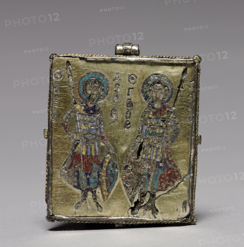 Enkolpion with the Crucifixion (front) and Saints Theodore and George (back), 1080-1120. Byzantium, Constantinople, Byzantine period, 11th-12th century. Silver gilt and cloisonné enamel; overall: 5.1 x 4.1 cm (2 x 1 5/8 in.).