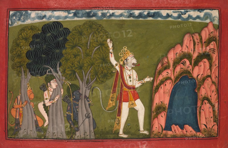 Sugriva (Monkey General) Challenges his Brother Bali, c. 1720. India, Pahari Hills, Nurpur, 18th century. Color on paper; image: 16.4 x 26.8 cm (6 7/16 x 10 9/16 in.); overall: 20.7 x 31 cm (8 1/8 x 12 3/16 in.); with mat: 36.3 x 49 cm (14 5/16 x 19 5/16 in.).