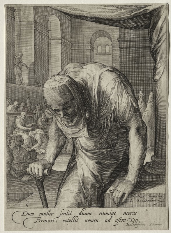 Heroines of the New Testament: Heroines of the New Testament: The Crippled Woman Healed by Christ. Jan Saenredam (Dutch, 1565-1607), after Hendrick Goltzius (Dutch, 1558–1617). Engraving