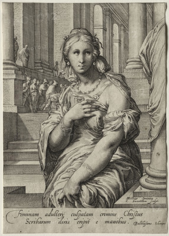 Heroines of the New Testament:  The Woman Taken in Adultery. Jan Saenredam (Dutch, 1565-1607). Engraving