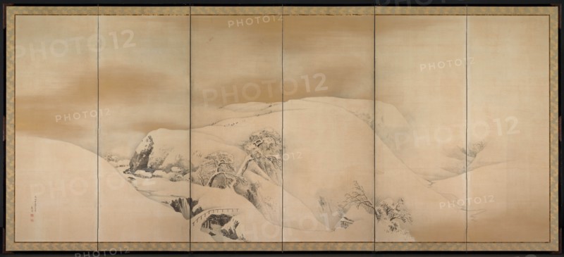 Winter Day, 1784. Maruyama Okyo (Japanese, 1733-1795). Six-panel folding screen, ink, gold, and silver on paper; image: 154 x 362 cm (60 5/8 x 142 1/2 in.).
