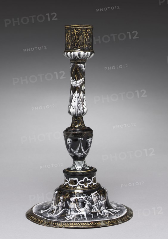 Candlestick Depicting the Triumph of Diana, c. 1565. Attributed to Jean II de Court (French, bef 1583). Painted enamel (grisaille) on copper; overall: 33.6 cm (13 1/4 in.).