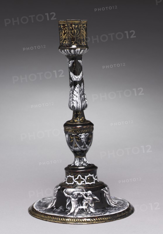 Candlestick Depicting Five of the Seven Labors of Hercules, c. 1565. Attributed to Jean II de Court (French, bef 1583). Painted enamel (grisaille) on copper; overall: 33.6 cm (13 1/4 in.).