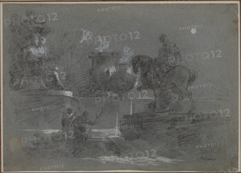 Monumental Sculpture in a Moonlit Park, c. 1842?. Giuseppe Bernardino Bison (Italian, 1762-1844). Black chalk with blue gouache, heightened with white gouache; sheet: 32.3 x 45.3 cm (12 11/16 x 17 13/16 in.); secondary support: 43.2 x 57.1 cm (17 x 22 1/2 in.).
