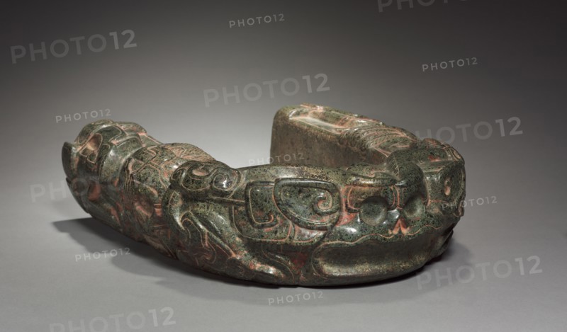 Ballgame Hip Protector (Yoke), 600-900. Mexico, Gulf Coast, Classic Veracruz style (600-1100). Greenstone, pigment; overall: 41.5 x 37.5 x 11 cm (16 5/16 x 14 3/4 x 4 5/16 in.).