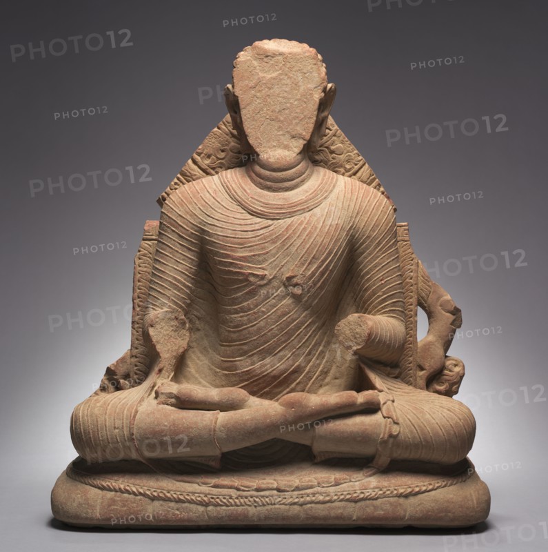 Seated Buddha, 400-430. Northern India, Uttar Pradesh, Mathura, Gupta period (c. 320-550). Red mottled sandstone; overall: 82 cm (32 5/16 in.).