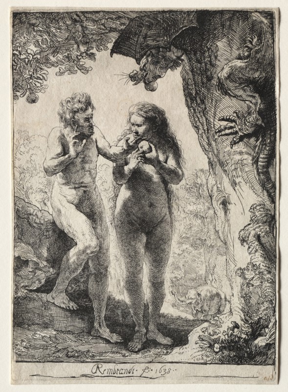Adam and Eve, 1638. Rembrandt van Rijn (Dutch, 1606-1669). Etching; sheet: 16.5 x 11.7 cm (6 1/2 x 4 5/8 in.); platemark: 16.2 x 11.6 cm (6 3/8 x 4 9/16 in.)
