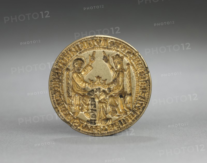 Almond-Shaped Seal: Coronation of the Virgin with a Kneeling Monk, 1300-1400. England or Germany, Gothic period, 14th century. Gilded bronze; diameter: 3.9 cm (1 9/16 in.)