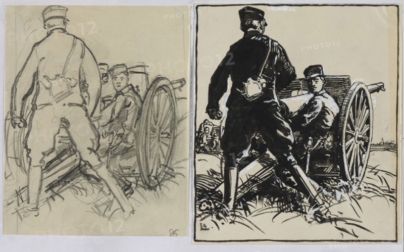 Artillelurs belges, 1914. Auguste Louis Lepère (French, 1849-1918). Brush and black ink, black crayon, heightened with white gouache
