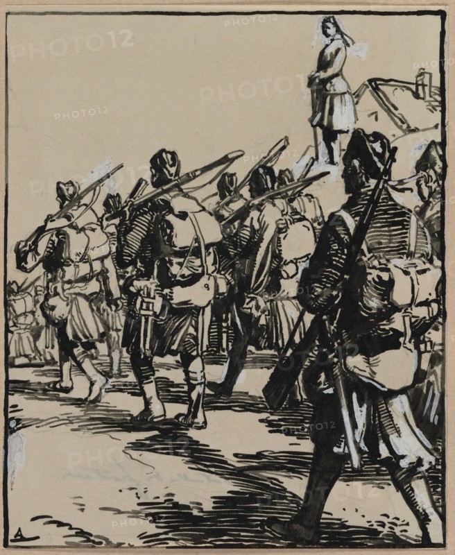 Bataille des frontières: groupe des soldats britanniques, 1914. Auguste Louis Lepère (French, 1849-1918). Brush and black ink over pencil with white highlights;