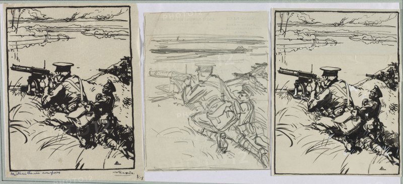 Mitrailleurs anglais, 1914. Auguste Louis Lepère (French, 1849-1918). Brush and black ink over pencil with white highlights