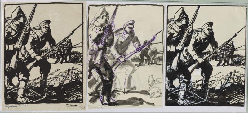 Infanterie russe, 1914. Auguste Louis Lepère (French, 1849-1918). Brush and black ink heightened with white