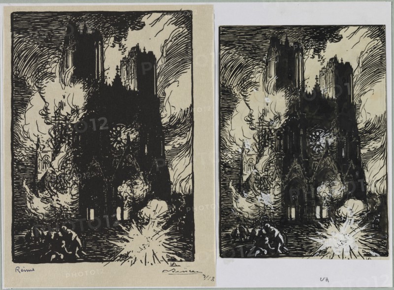 Reims, 1914. Auguste Louis Lepère (French, 1849-1918). Pen and brush and black ink with traces of black crayon heightened with white;