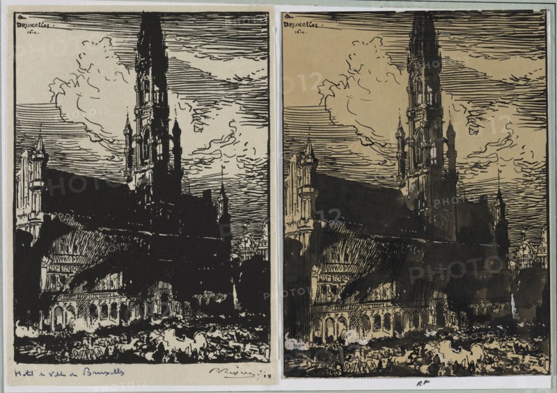 Hôtel de Ville de Bruxelles en feu, 1914. Auguste Louis Lepère (French, 1849-1918). Pen and black ink and black wash heightened with white;