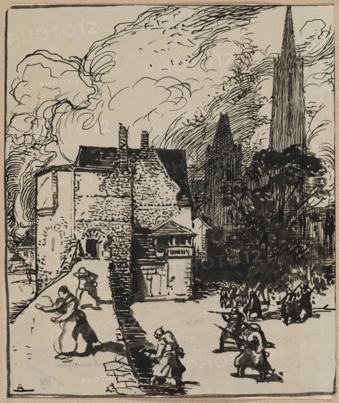 Siège des Maubeuge, 1914. Auguste Louis Lepère (French, 1849-1918). Brush and pen and black ink with touches of brown ink and pen