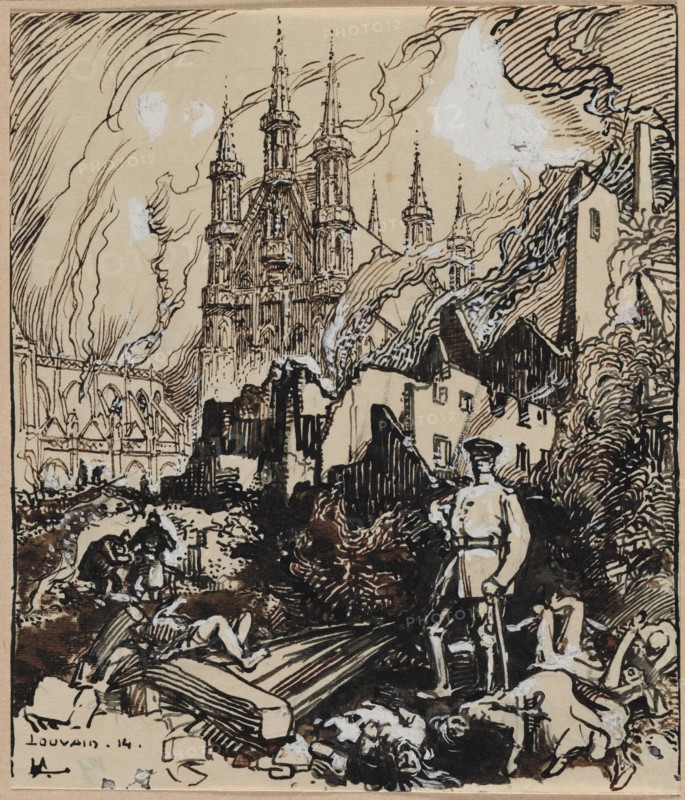 Louvain, 1914. Auguste Louis Lepère (French, 1849-1918). Brush and brown ink with touches of black ink with white corrections;