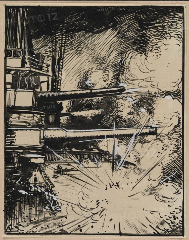 Bombe explosant sur un cuirasse aux canons braques, 1914. Auguste Louis Lepère (French, 1849-1918). Brush and black ink over pencil with white highlights;