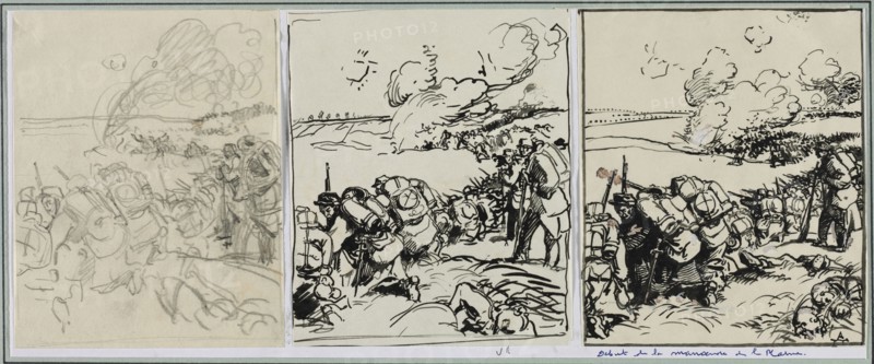 Dêbut de la manoeuvre de la Marne, 1914. Auguste Louis Lepère (French, 1849-1918). Brush and black ink and brown and white heightening