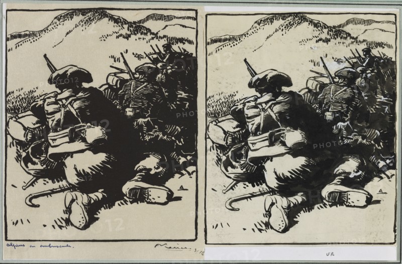 Alpins en ambuscade, 1914. Auguste Louis Lepère (French, 1849-1918). Brush and black ink over pencil with white highlights;
