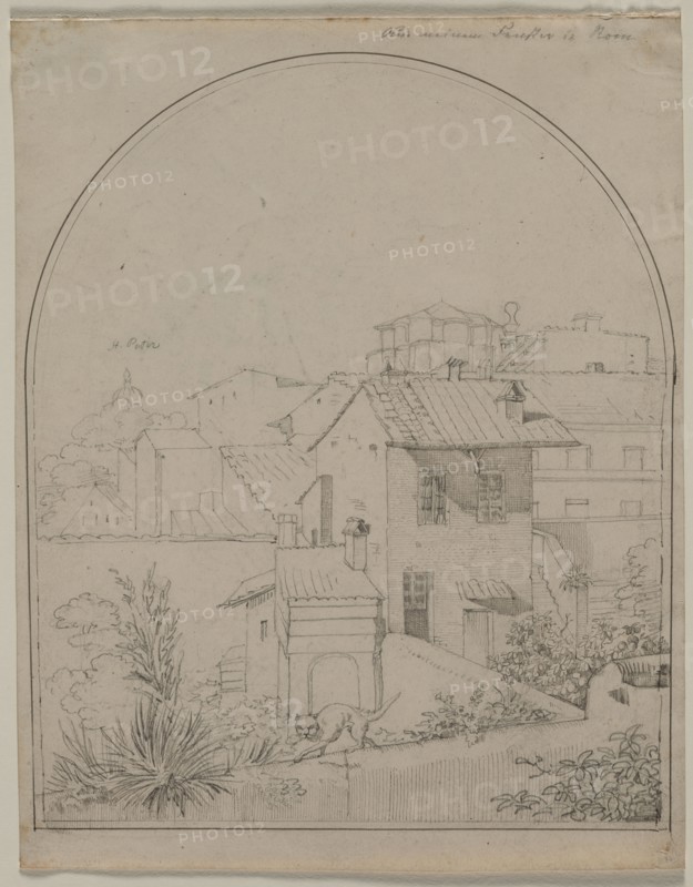 View from My Window in Rome, c. 1817. Carl Wilhelm Tischbein (German, 1797-1855). Graphite and pen and gray ink, framing lines in pen and black ink and graphite; sheet: 22.4 x 17.1 cm (8 13/16 x 6 3/4 in.); image: 20.5 x 16.8 cm (8 1/16 x 6 5/8 in.).