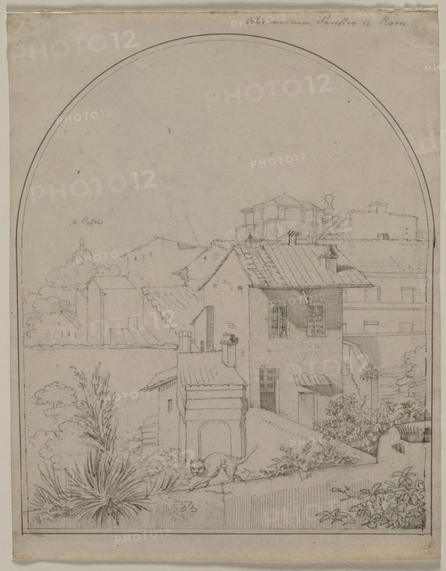 View from My Window in Rome (recto) Soldier in a Landscape (verso) , c. 1817. Carl Wilhelm Tischbein (German, 1797-1855). Graphite and pen and gray ink, framing lines in pen and black ink and graphite; sheet: 22.4 x 17.1 cm (8 13/16 x 6 3/4 in.); image: 20.5 x 16.8 cm (8 1/16 x 6 5/8 in.).