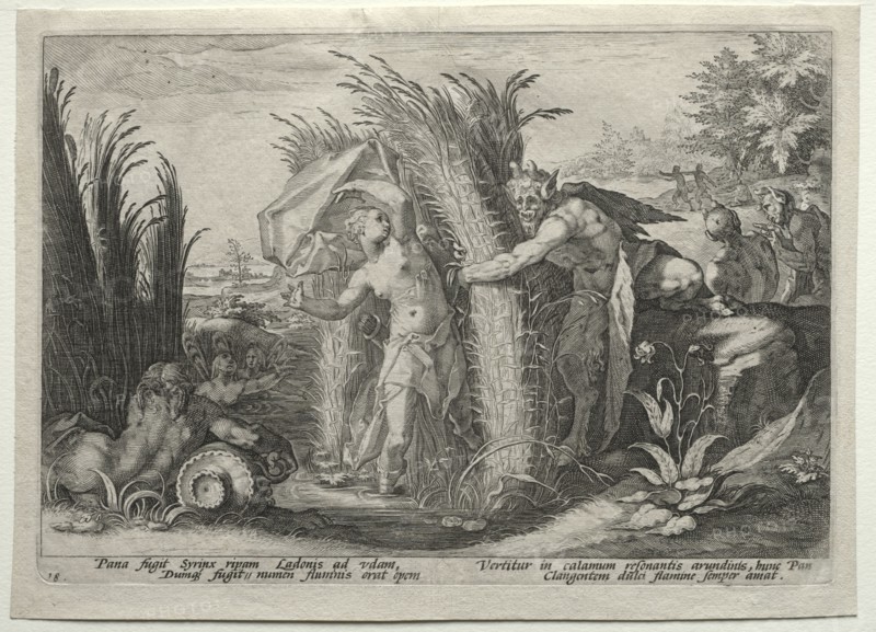 The Creations of the Four Elements (from Ovid's Metamorphoses): Pan Pursuing Syrinx, c. 1589. After Hendrick Goltzius (Dutch, 1558–1617). Engraving; sheet: 18.9 x 26.4 cm (7 7/16 x 10 3/8 in.); platemark: 17.2 x 24.9 cm (6 3/4 x 9 13/16 in.).
