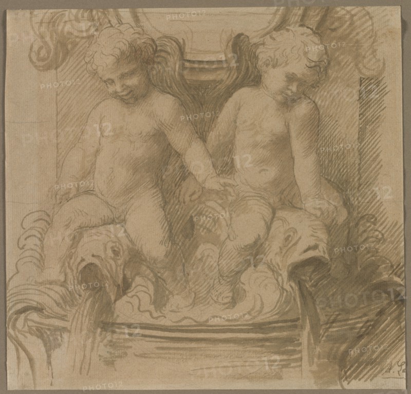 Fountain with Putti Riding Dolphins, last half 1800s. Alphonse Legros (French, 1837-1911). Brush and green wash over graphite; sheet: 27 x 28 cm (10 5/8 x 11 in.).