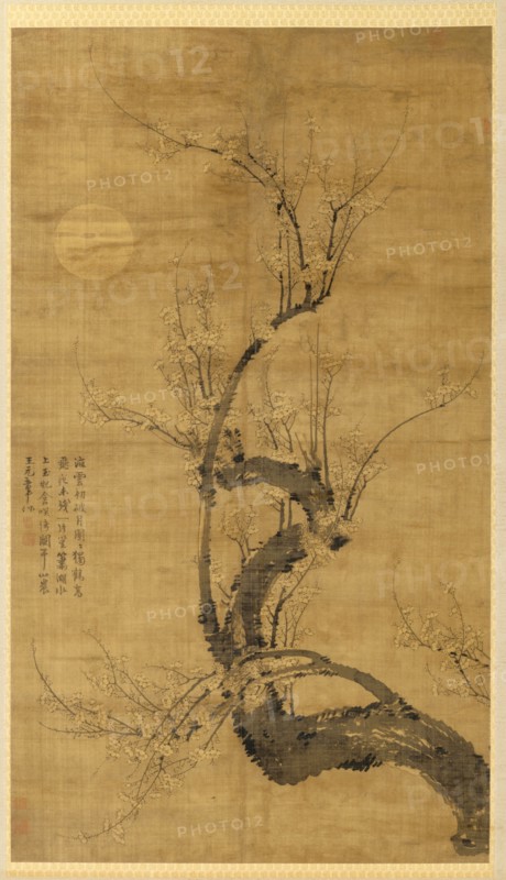 A Prunus in the Moonlight, 1300s. Wang Mian (Chinese, 1287-1359). Hanging scroll, ink on silk; painting: 164.6 x 94.6 cm (64 13/16 x 37 1/4 in.); overall: 260.6 x 116 cm (102 5/8 x 45 11/16 in.).