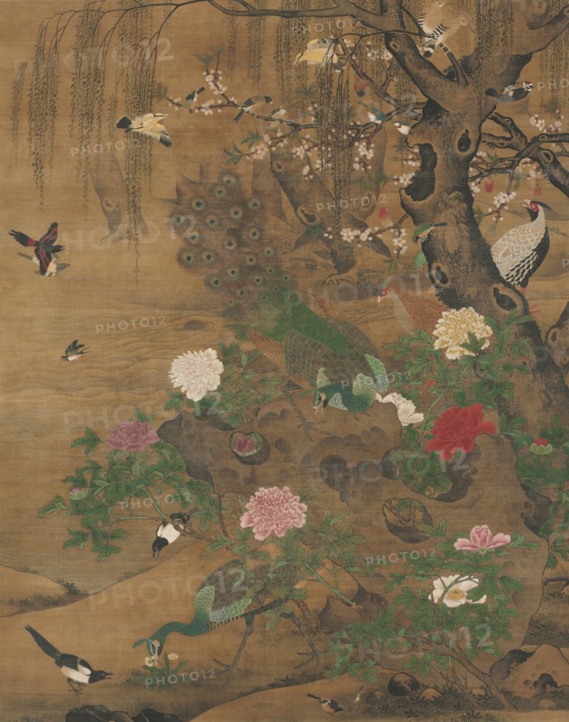 Birds Gather under the Spring Willow, late 1400s-early 1500. Yin Hong (Chinese, c. 1430-c. 1500). Hanging scroll, ink and color on silk; overall: 240 x 195.5 cm (94 1/2 x 76 15/16 in.).