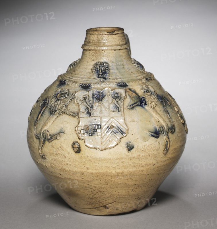 Jug with the Arms of Cleves-Berg, 1580. Germany, Siegburg, 16th century. Salt-glazed stoneware; overall: 23.8 x 22.5 cm (9 3/8 x 8 7/8 in.).