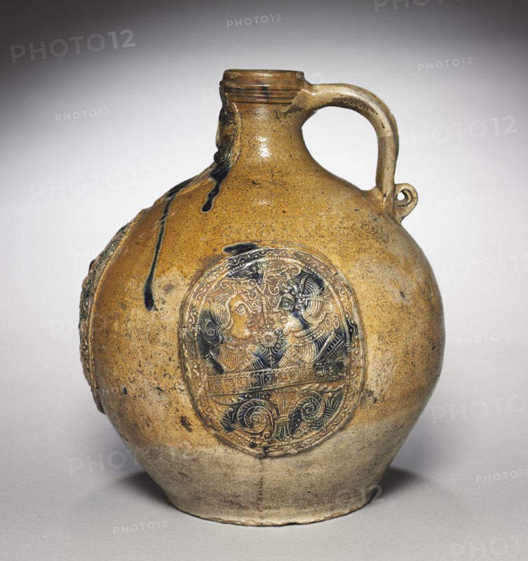 Large Jug, 1608. Germany, Frechen, 17th century. Salt-glazed stoneware with applied and impressed decoration; overall: 33.2 x 28.3 cm (13 1/16 x 11 1/8 in.).