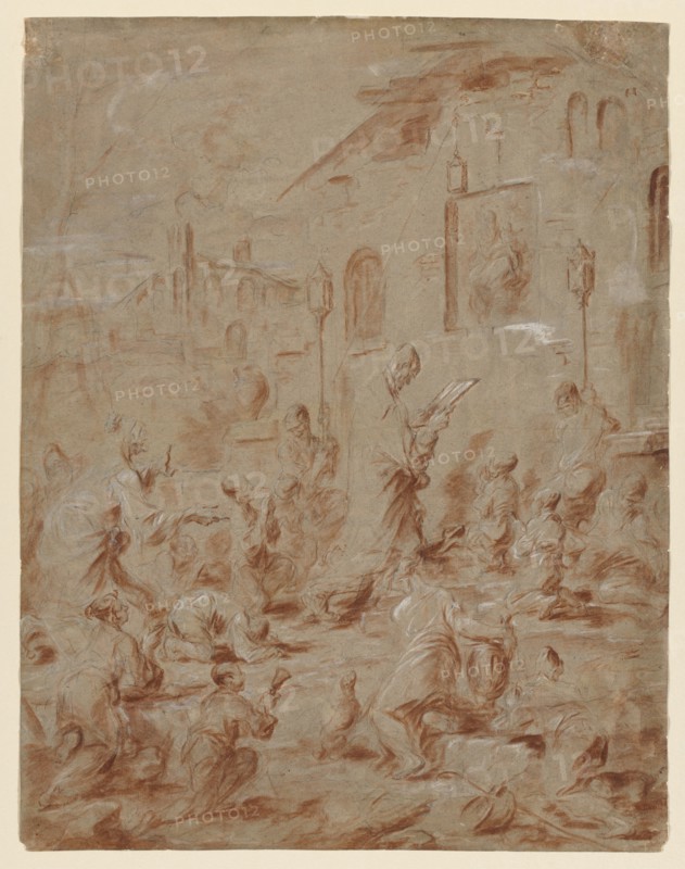 Worshippers at a Street Shrine, 1730/40. Alessandro Magnasco (Italian, 1667-1749). Brush and red-brown ink and black chalk, heightened with lead white; sheet: 47.7 x 37.2 cm (18 3/4 x 14 5/8 in.).