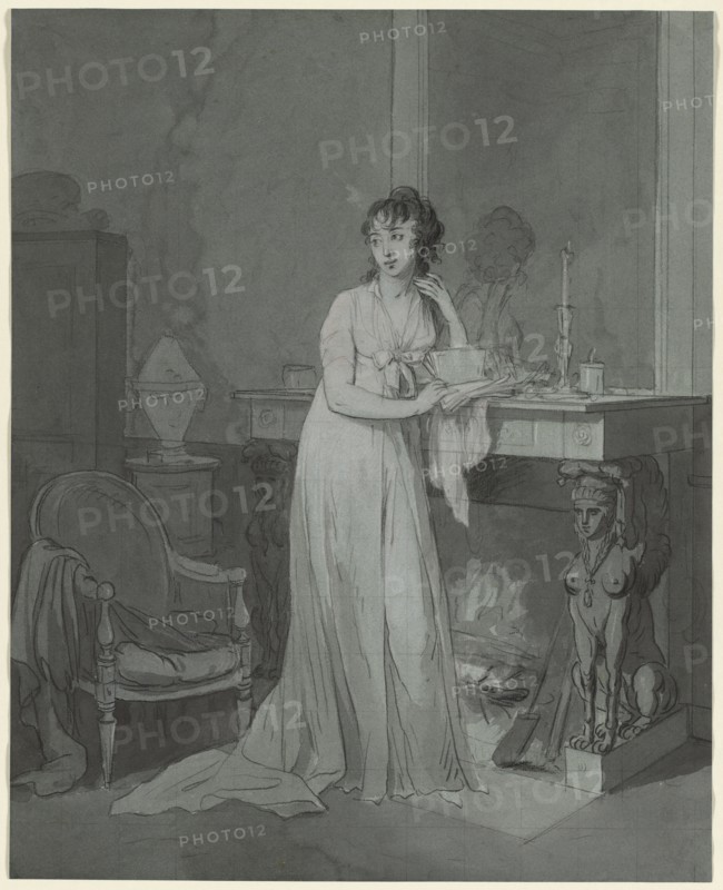 Woman in Front of a Fireplace, c. 1803. Louis Léopold Boilly (French, 1761-1845). Black chalk and gray wash heightened with white chalk, squared in black chalk; sheet: 46 x 37 cm (18 1/8 x 14 9/16 in.).