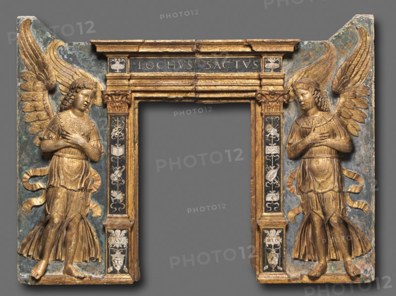 Tabernacle Relief with Flanking Angels, c. 1480-1500. Circle of Tullio Lombardo (Italian, c. 1455-1532). Polychromed marble; overall: 81.3 x 108.6 cm (32 x 42 3/4 in.).