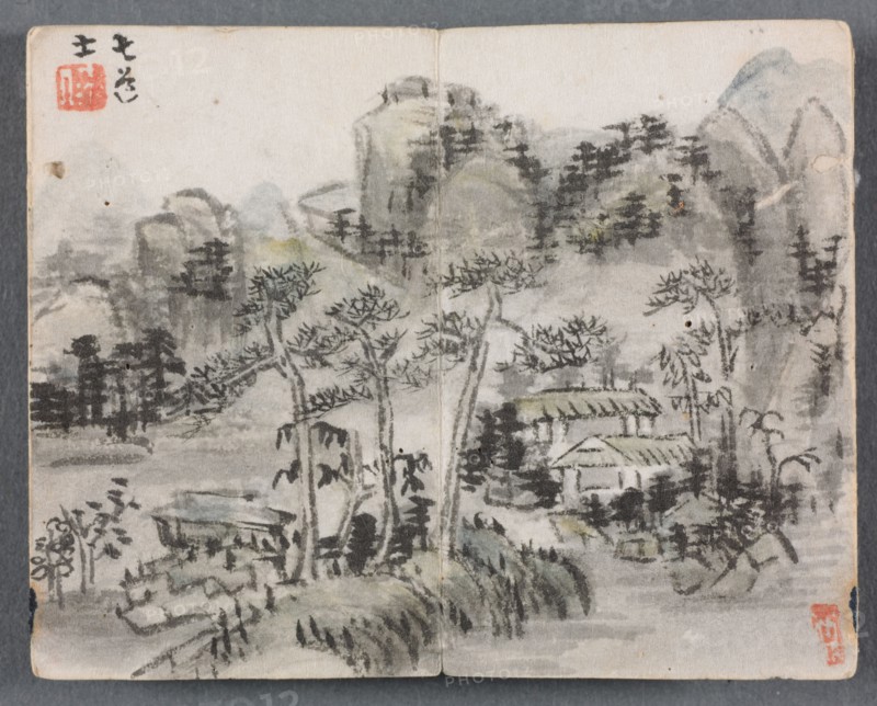 Miniature Album with Figures and Landscape (Landscape with Two Buildings), 1822. Zeng Yangdong (Chinese). Album leaf, ink and color on paper; overall: 6.1 x 7.7 cm (2 3/8 x 3 1/16 in.).