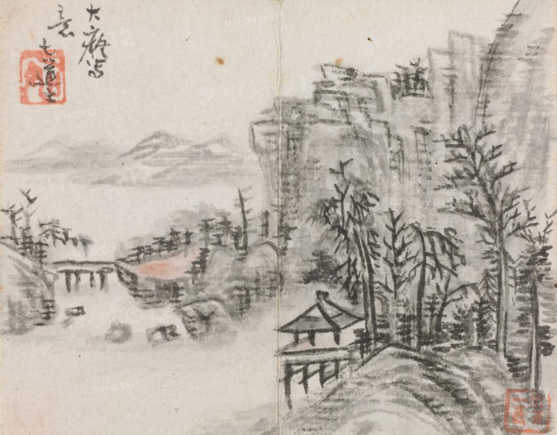 Miniature Album with Figures and Landscape (Cliff Landscape with Bridge), 1822. Zeng Yangdong (Chinese). Album leaf, ink and color on paper; overall: 6.1 x 7.7 cm (2 3/8 x 3 1/16 in.).