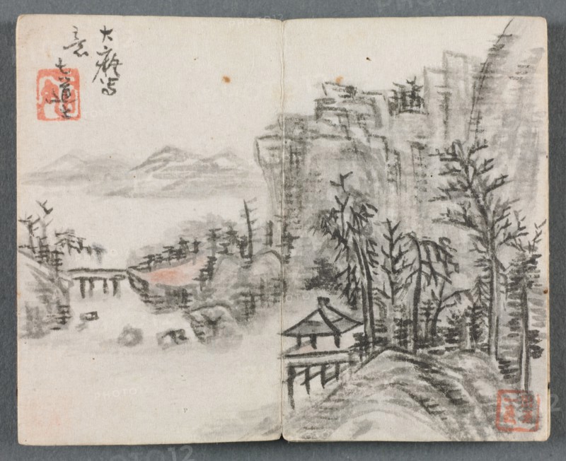 Miniature Album with Figures and Landscape (Cliff Landscape with Bridge), 1822. Zeng Yangdong (Chinese). Album leaf, ink and color on paper; overall: 6.1 x 7.7 cm (2 3/8 x 3 1/16 in.).