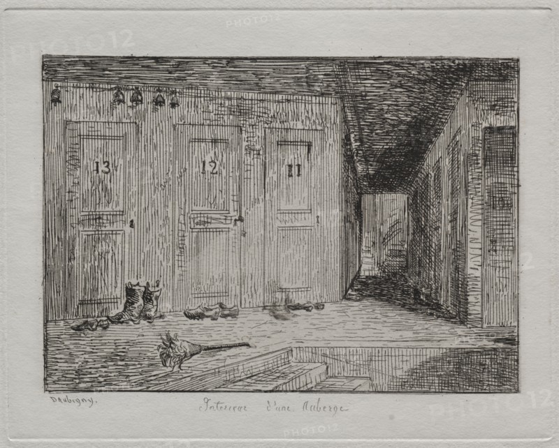 Voyage en Bateau, published in 1862: Interior of an Inn, 1861. Charles François Daubigny (French, 1817-1878), Auguste Delâtre. Etching; sheet: 20.9 x 27.3 cm (8 1/4 x 10 3/4 in.); platemark: 11.7 x 14.8 cm (4 5/8 x 5 13/16 in.).